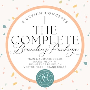 Puede incluir: Un diseño gráfico circular con el texto 2 DESIGN CONCEPTS, THE COMPLETE Branding Package, MAIN & SUBMARK LOGOS, SOCIAL MEDIA KIT, BUSINESS CARD DESIGN, VECTOR FILES, BRAND BOARD y un logotipo circular verde azulado con RC DESIGN STUDIO.