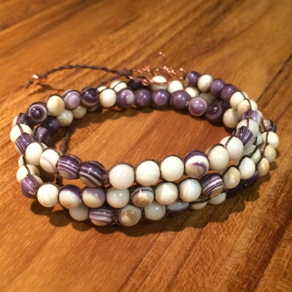 Mni Wiconi Binary Purple & White Wampum Triple Wrap Bracelet / Necklace