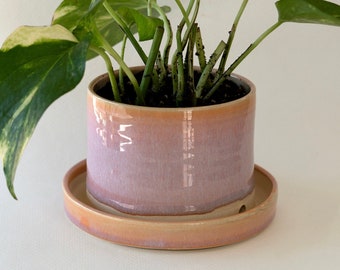 Medium Ceramic Planter, 4" x4" (Handmade Ceramic, Wheel Thrown, 2 drainage holes, Attached Base Plate, optional bottom watering)
