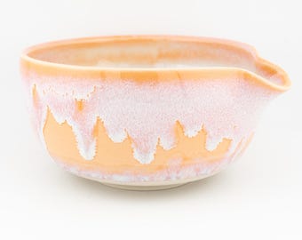 Handmade Ceramic Spouted Bowl, Drippy Sunrise Glaze, Matcha Chawan (5" or 6")