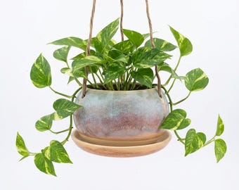 Indoor Hanging Planter with Drainage, 7" x 3.5” (Handmade Ceramic, 14 colors, Wheel Thrown, Base Plate, Indoor, Outdoor)