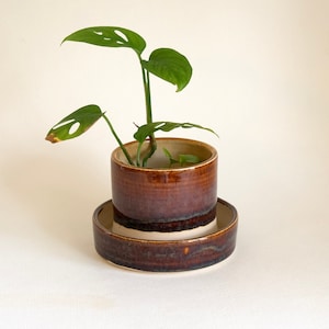 2.5&quot; Tabletop Planter with Drainage, (Handmade Ceramic, Wheel Thrown, 1 drainage hole, Attached Base Plate, bottom watering, small)
