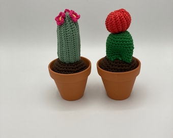 Crochet Mini Handmade Cactus with Flower, Crochet pot, Fake Cactus, Housewarming gift