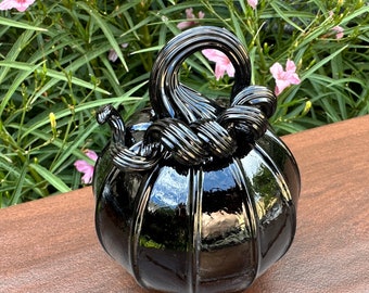 Small Black Glass Pumpkin-Handmade- Steuben County Glass- Hand blown