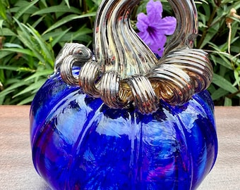 Small Cobalt Glass Pumpkin-Handmade- Steuben County Glass- Hand blown