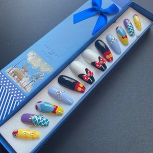 A set of hand painted false nails. Full cover. XL Coffin (or less) - Disney Princesses, Mickey, Minnie, Cinderella, Snow White, Belle, Ariel