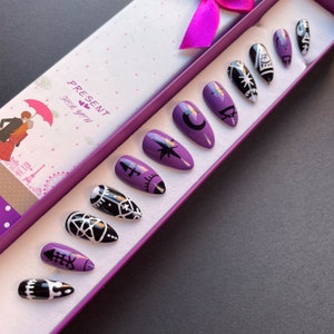 Hand Painted False Nails Stiletto (or ANY) Purple & Black - Pagan Spells - Magic / Witch Halloween