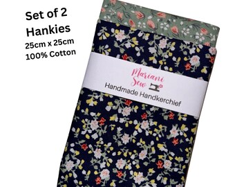 Elegante conjunto de 2 Lady Hankies Azul y Verde 25cmx25cm Tejido de algodón reutilizable Regalo de Navidad para ella / cuidado personal / minimalista