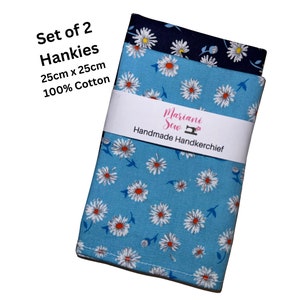 Elegant Set of 2 Lady Hankies Mini Daisy Blues 25cmx25cm Reusable Cotton tissue Christmas gift for her | self-care | minimalist