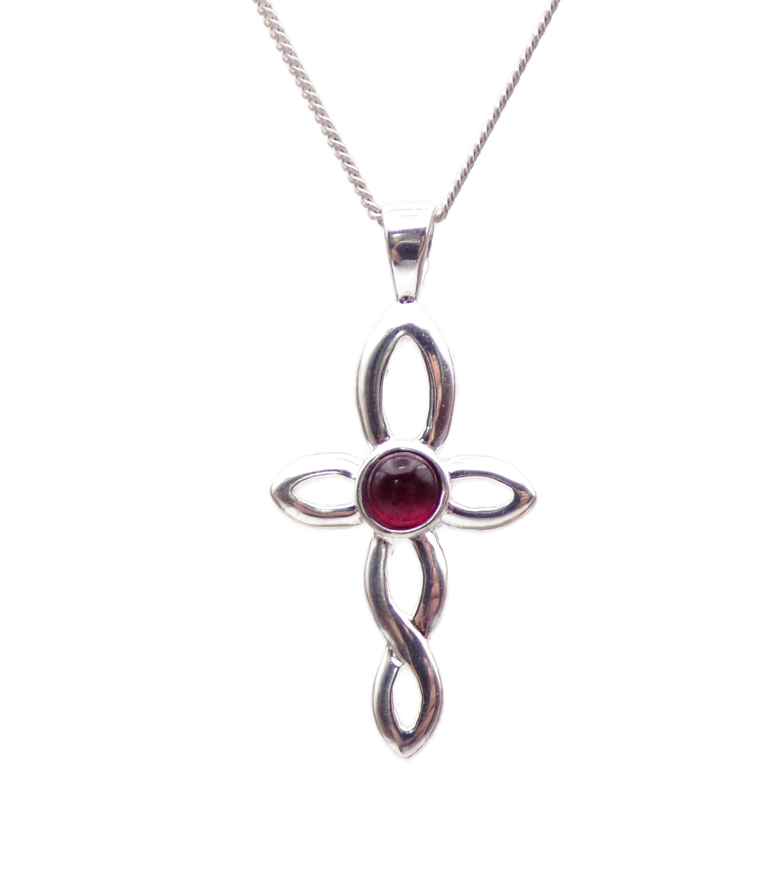Brand New 925 Sterling Silver Celtic Cross with a Garnet Cabochon Necklace