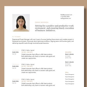 Puede incluir: Una plantilla de currículum vitae profesional con una foto de una mujer, información de contacto e historial laboral. El documento se divide en secciones de experiencia, educación y habilidades, detallando roles y responsabilidades anteriores.