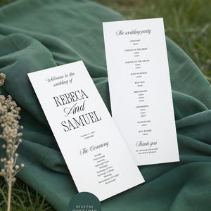 May include: Two white wedding programme cards with black text. One card reads Welcome to the wedding of REBECA And SAMUEL, October 11, 2027, Cambridge, and The Ceremony. The other card lists The wedding party and Thank you. A digital download label is visible.
