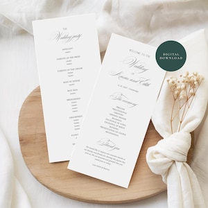 May include: Two white wedding program cards with black serif and script text. One card lists the wedding party, and the other outlines the ceremony order for the wedding of Marcus and Edith. A dark green circular badge reads Digital Download.