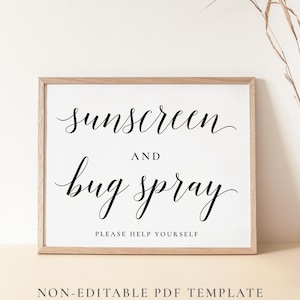 Puede incluir: Un cartel imprimible en un marco marrón con fondo blanco y texto negro que dice "Protector solar y repelente de insectos. Sírvase usted mismo." El cartel es una plantilla PDF no editable para descarga instantánea.