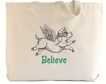 Flying Pig Tote Bag - Pig Gifts for Pig Lovers - Pig Lover Gifts - Believe in Yourself - Encouragement Gift for Woman