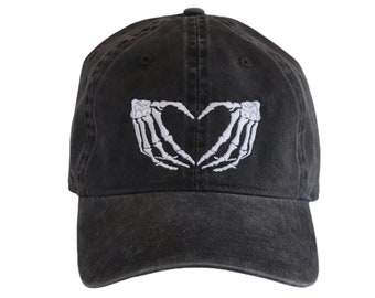 Skeleton Heart Hands Embroidered Hat, Pastel Goth Clothing, Halloween Gift for Women, Creepy Cute Hat, Halloween Baseball Hat