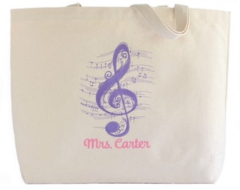 Personalized Music Tote Bag - Music Teacher Gift - Piano Book Bag - Embroidered Tote Bag