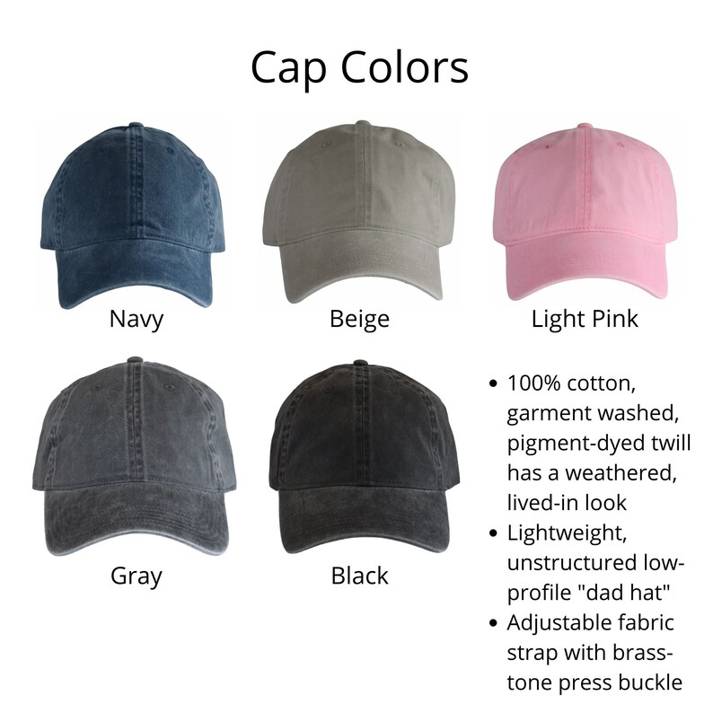 May include: A set of ten baseball caps in various colours, including navy, beige, light pink, grey, and black. The caps are made of 100% cotton, garment washed, pigment-dyed twill, and have a weathered, lived-in look. They are lightweight, unstructured, low-profile "dad hats" with adjustable fabric straps and brass-tone press buckles.
