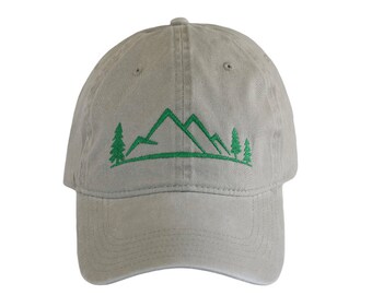 Mountain and Trees Embroidered Cap, Unisex Hiking Hat for Women or Men, Nature Lover Gift