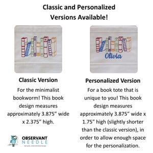 The image is a promotional graphic for two versions of a book tote, one classic and one personalized. The classic version is approximately 3.875 wide x 2.375 high, while the personalized version is slightly shorter, measuring 1.75 wide x 2.375 high. The image is designed to allow enough space for personalization, as indicated by the text "Classic and Personalized Versions Available!"