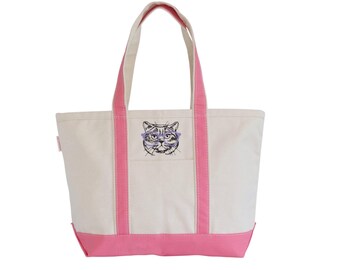 Cat Tote Bag with Zipper & Pocket, Embroidered Cat with Glasses, Cat Themed Gifts for Cat Lovers