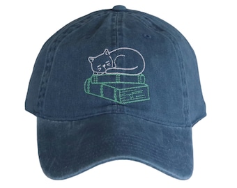 Sleeping Cat on Book Stack Hat, Book Nook Accessory, Cute Cat Gifts for Cat Lovers, Bookish Librarian Merch, Introvert Gift