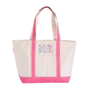 May include: A canvas tote bag with a cream-colored body, pink trim, and handles. The bag features an embroidered design of colorful books. The tote bag is a practical accessory for carrying books, groceries, or personal items.