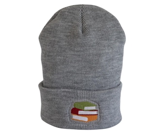 Book Stack Embroidered Beanie Hat, Library Book Cuffed Winter Hat, Bookish Gifts for Women or Men