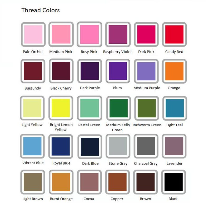 May include: A color chart titled "Thread Colors" displays a variety of thread colors in square swatches. Colors include pinks, reds, purples, greens, blues, yellows, browns, and grays. Each swatch is labeled with the color name.