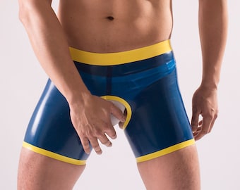 SHORT en caoutchouc pour hommes, dos et devant ouverts. Style taille haute. Ceinture et bordure de couleur contrastée, latex de poids moyen de 0,5 mm