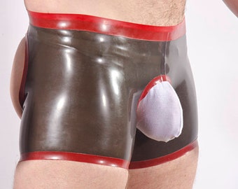 Rubber Men's SHORTS, Open Back and Front. Contrast colour waistband and edge trim, 0.5mm medium weight latex