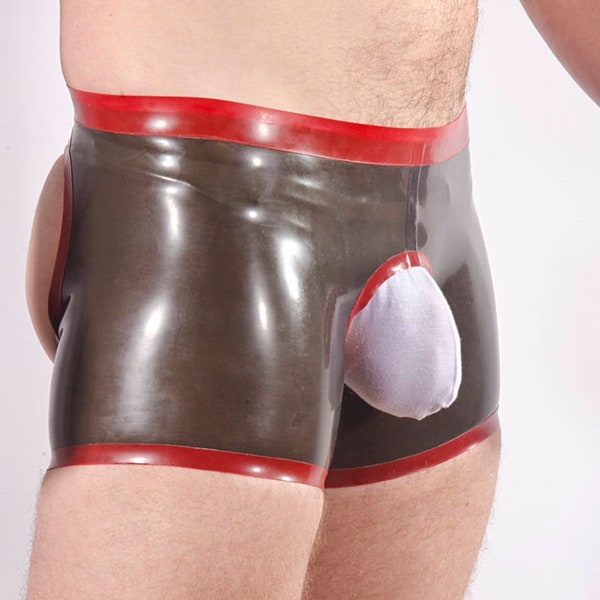 Rubber Men's SHORTS, Open Back and Front. Contrast colour waistband and edge trim, 0.5mm medium weight latex
