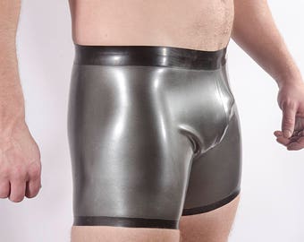 Rubber Men's Boxer SHORTS, contrast colour waistband and edge trim, 0.5mm medium weight latex