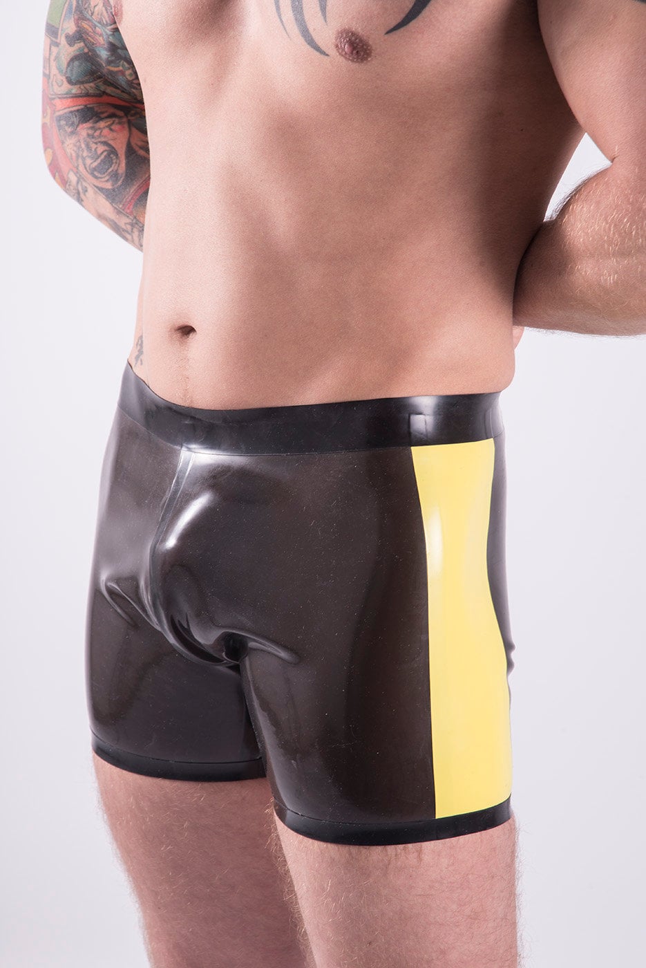 Image of Rubber Men's Boxer Shorts, Long Leg, Contrast Colour Side Panel, Waistband & Edge Trim, 0.5mm Medium Weight Latex