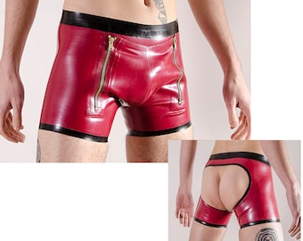 Rubber "Sailors" OPEN BACK SHORTS, double zip front opening with drop down flap, 0.5mm medium weight latex