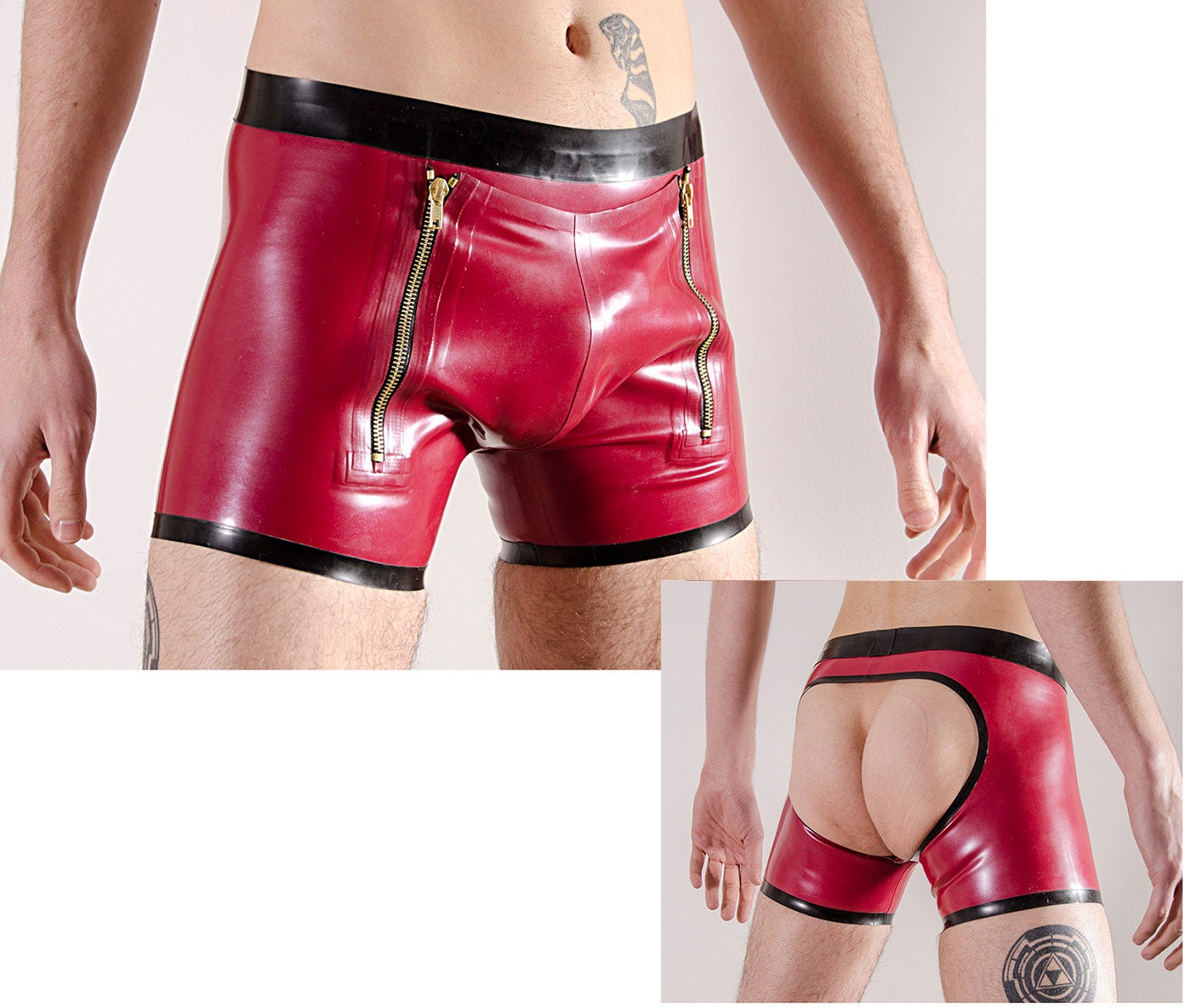 Image of Rubber "Sailors" Open Back Shorts, Double Zip Front Opening With Drop Down Flap, 0.5mm Medium Weight Latex