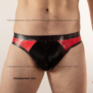 DISCOUNT OFFER Men&#39;s Thong style Rubber Briefs, Black or Red main colour, contrast colour side panels,  0.5 thickness latex