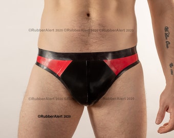 DISCOUNT OFFER Men's Thong style Rubber BRIEFS, Black main colour, contrast colour side panels,  0.5 thickness latex