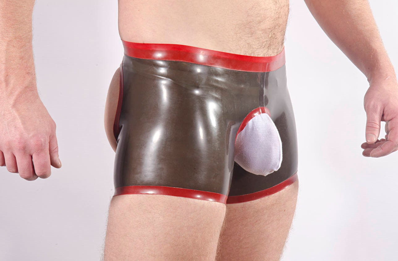 Image of Rubber Men's Shorts, Open Back & Front. Contrast Colour Waistband Edge Trim, 0.5mm Medium Weight Latex