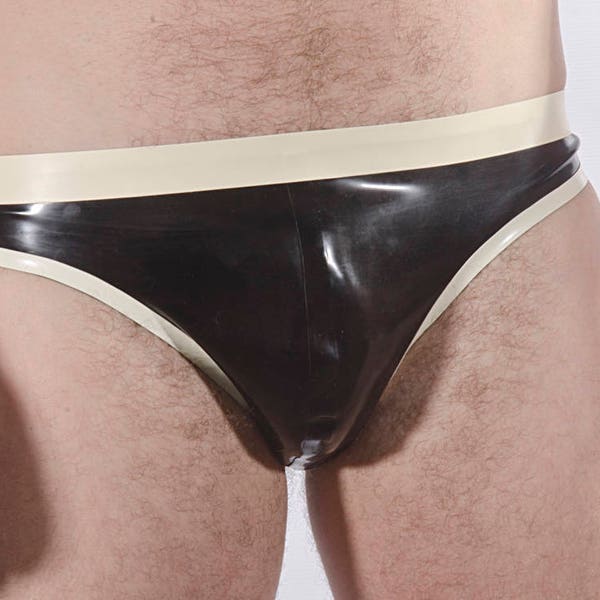 Culotte en caoutchouc de style string, ceinture et bordure de couleur contrastée. Latex de 0,5 épaisseur