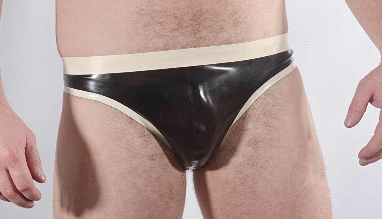 Image of Thong Style Rubber Briefs, Contrast Colour Waistband & Edge Trim. 0.5 Thickness Latex