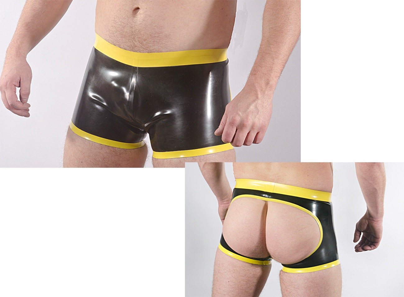 Image of Rubber Men's Open Back Shorts, Short Leg, Contrast Colour Side Panel, Waistband & Edge Trim, 0.5mm Medium Weight Latex