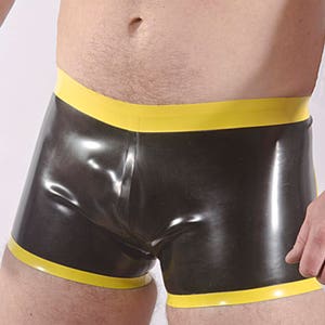 Rubber Men's SHORTS, short leg, contrast colour waistband and edge trim, 0.5mm medium weight latex