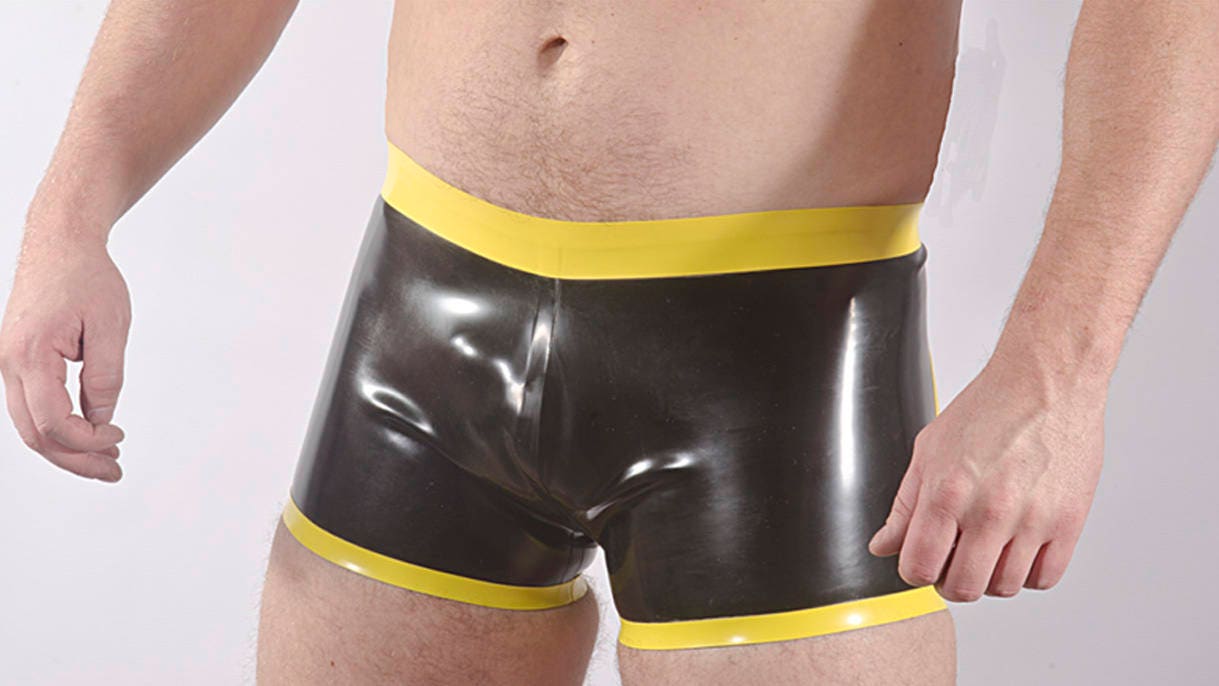 Image of Rubber Men's Shorts, Short Leg, Contrast Colour Waistband & Edge Trim, 0.5mm Medium Weight Latex