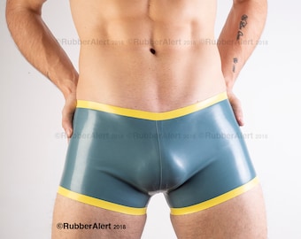Rubber Men's Sport SHORTS,  contrast colour Edge Trim, 0.5mm medium weight latex