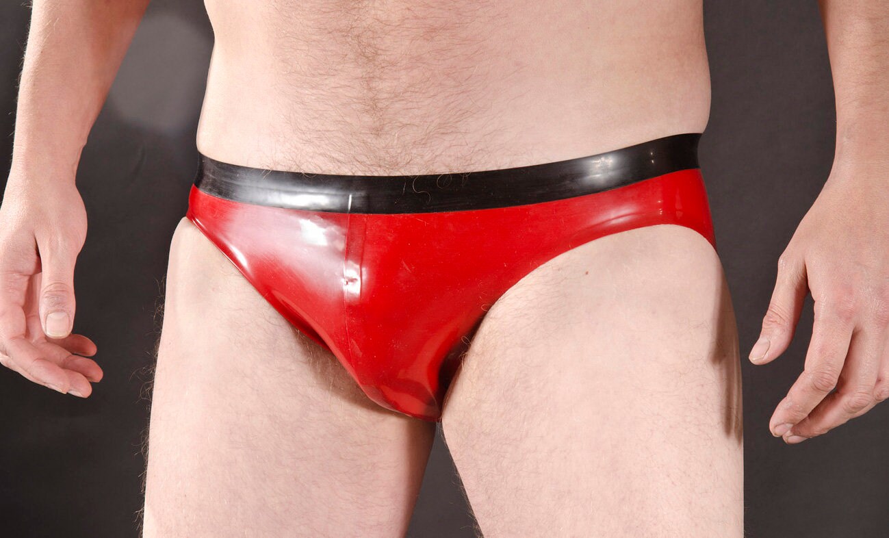 Image of Thong Style Rubber Briefs, Contrast Colour Waistband. 0.5 Thickness Latex