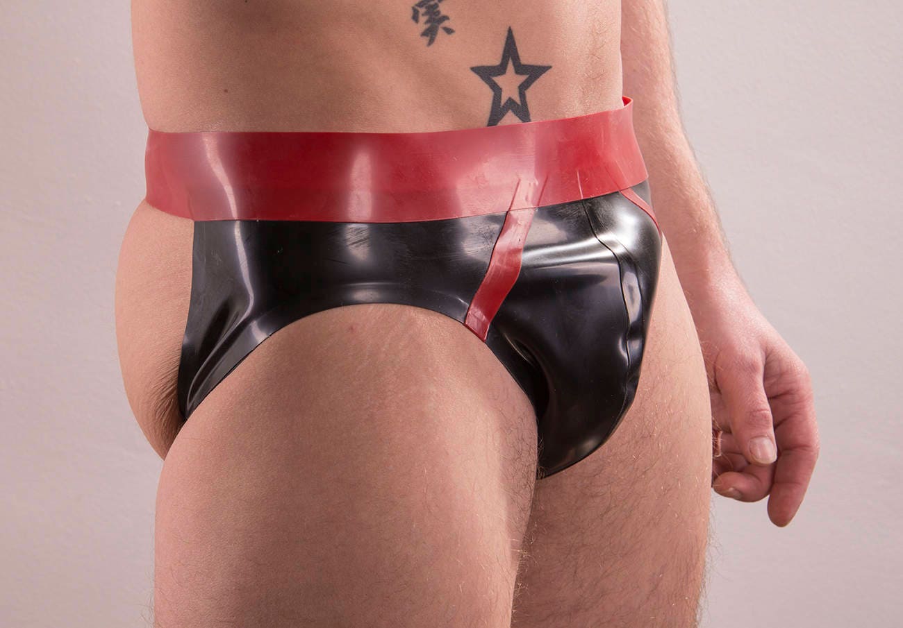 Image of Rubber Jockstrap, Briefs Style Front, With Contrast Colour Stripes On Sides Of Front Pouch. Medium Weight 0.5mm Thickness Latex