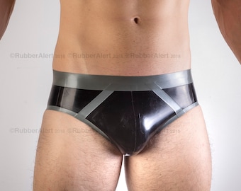 Full Back RUBBER BRIEFS, contrast colour Waistband and Front single Stripes, medium weight 0.5 thickness latex