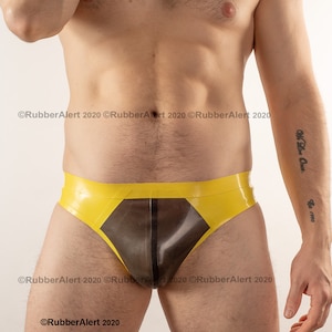 DISCOUNT OFFER  Men&#39;s Thong style Rubber BRIEFS, Black, Red or Trans Smoky Black main colour, contrast side panels,  0.5 thickness latex