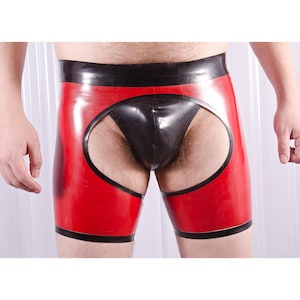 Rubber Men's Chaps Shorts: Open Back, Contrast Trim - Handmade